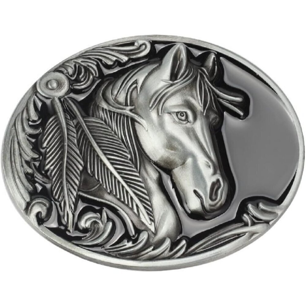 🆕Men's Silver Norse Viking Horse Engraved Feather Leaf Head Oval Belt Buckle